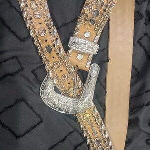 Studded Tan Leather Belt with Silver Buckle
